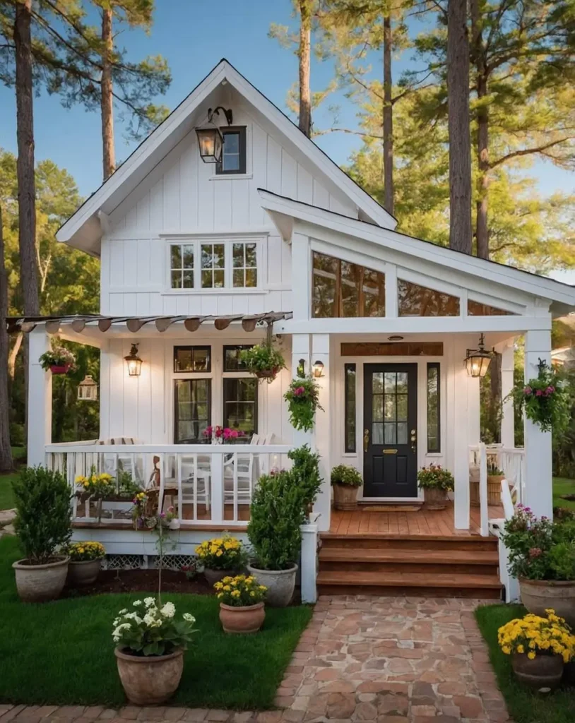 White cottage with a black door, hanging planters, potted flowers, and a stone pathway.