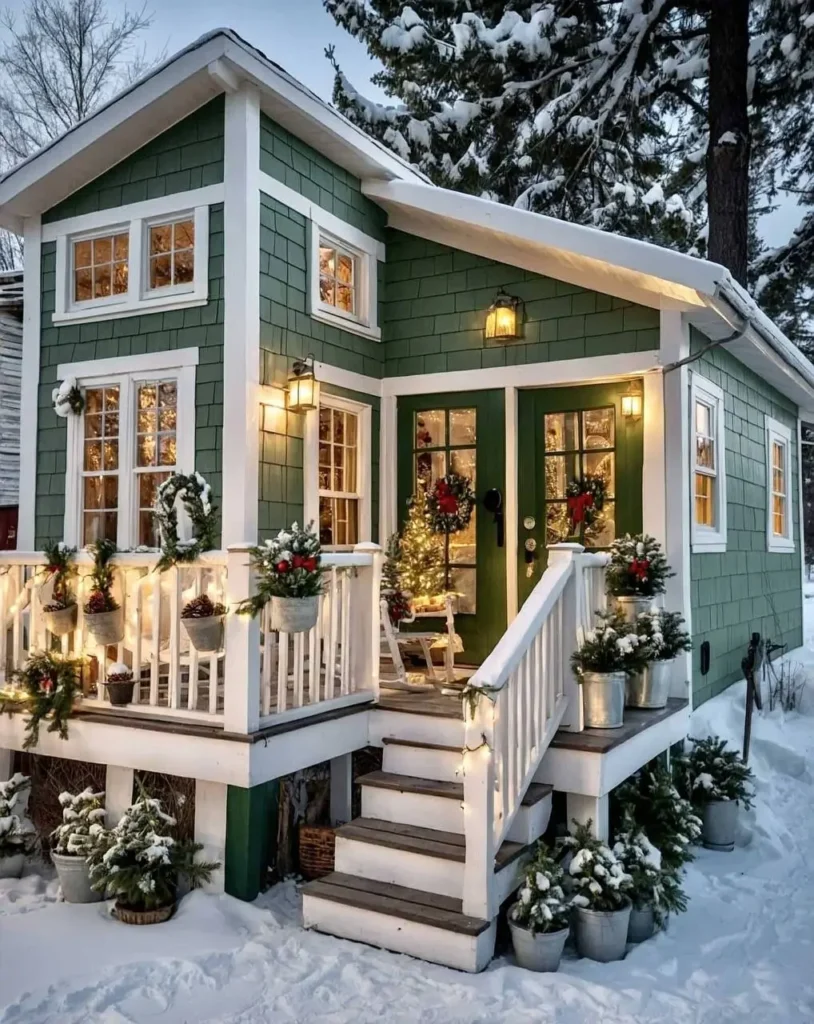 Green cottage with wreaths, string lights, frosted evergreens, and snowy surroundings. Cottage Exterior Ideas