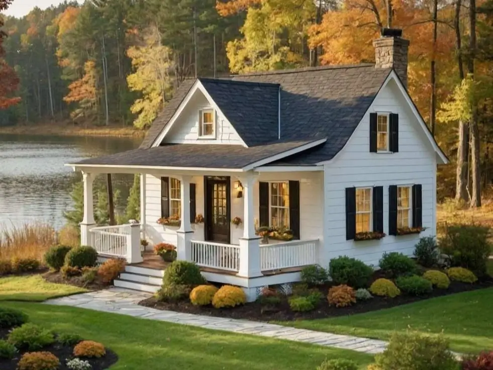 White lakeside cottage with black shutters, porch, and landscaped gardens in autumn. II