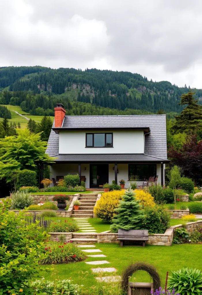 Terraced countryside home with vibrant landscaping and a white facade.