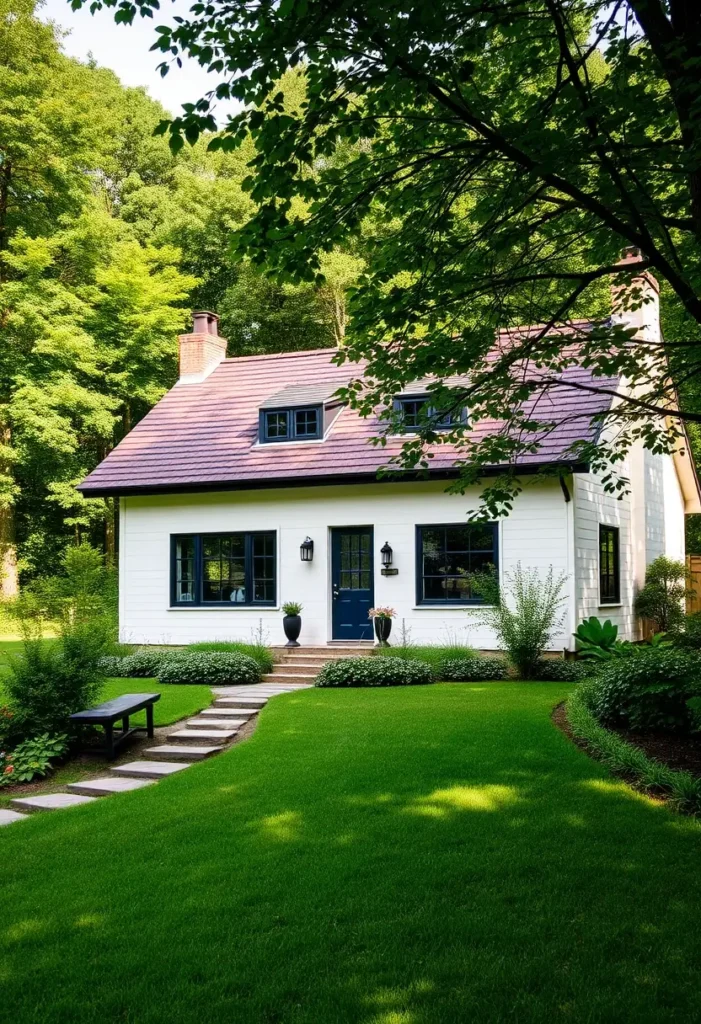 Charming white countryside cottage with a blue door and lush green surroundings.