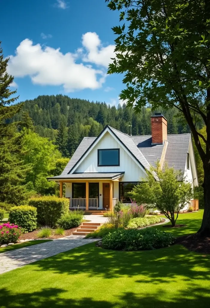 Idyllic countryside home with a gable roof, wooden porch, and vibrant landscaping.