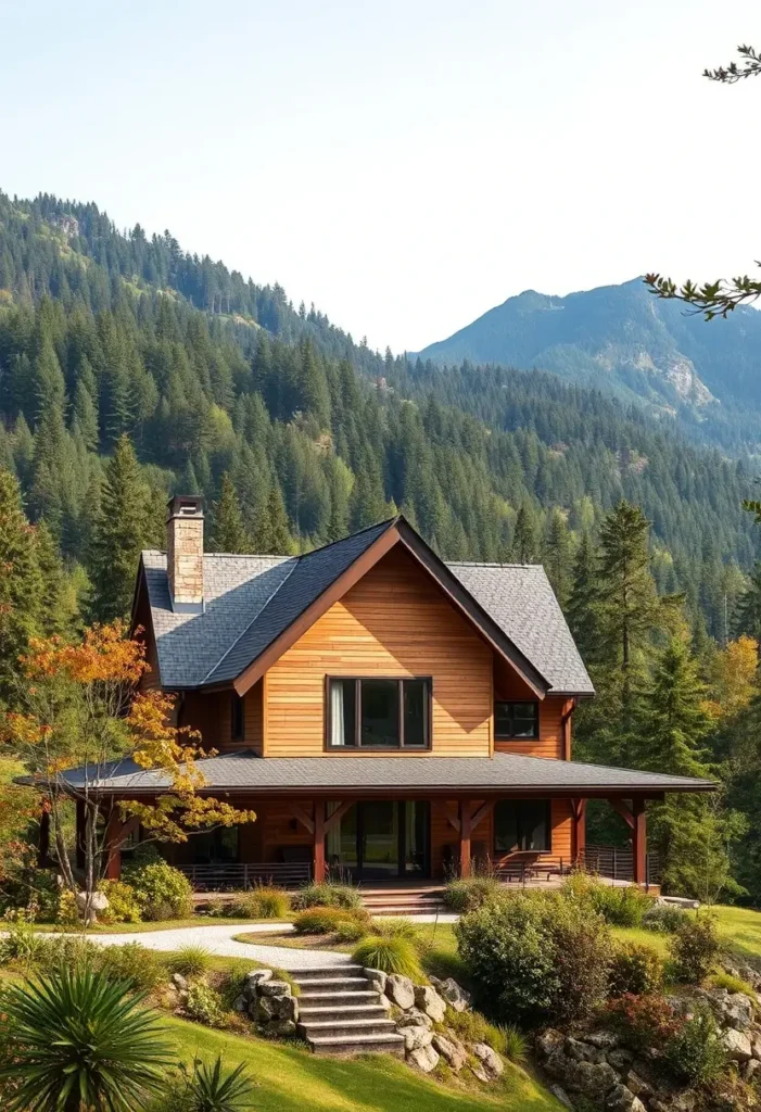 Wooden countryside lodge surrounded by mountains and lush greenery.