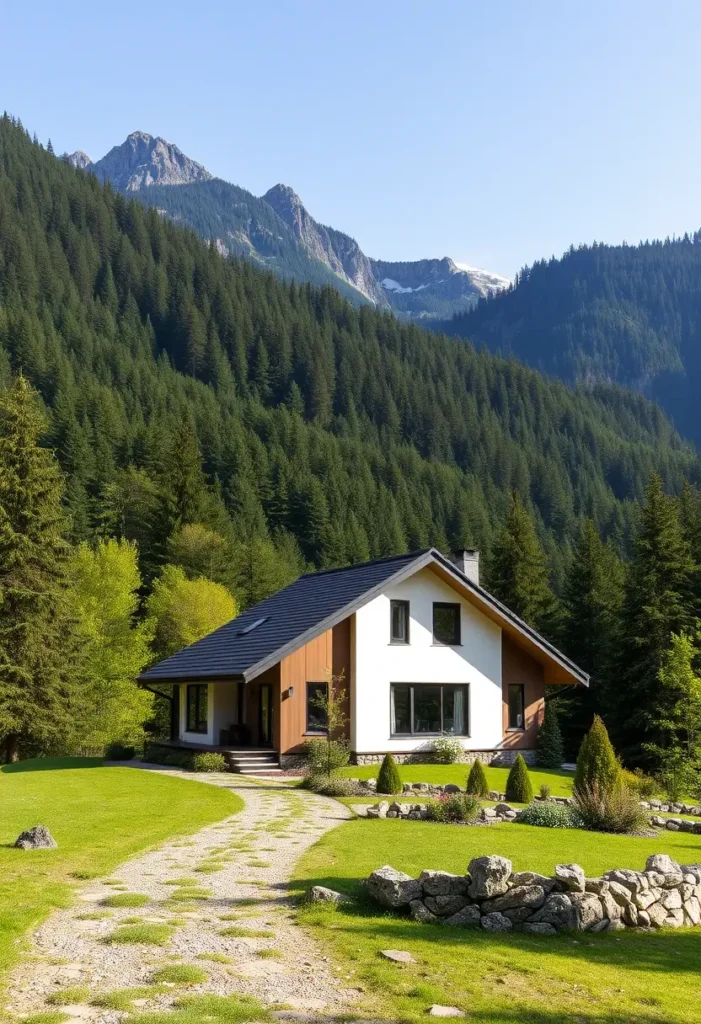 Modern countryside home with white and wood exterior in an alpine valley.
