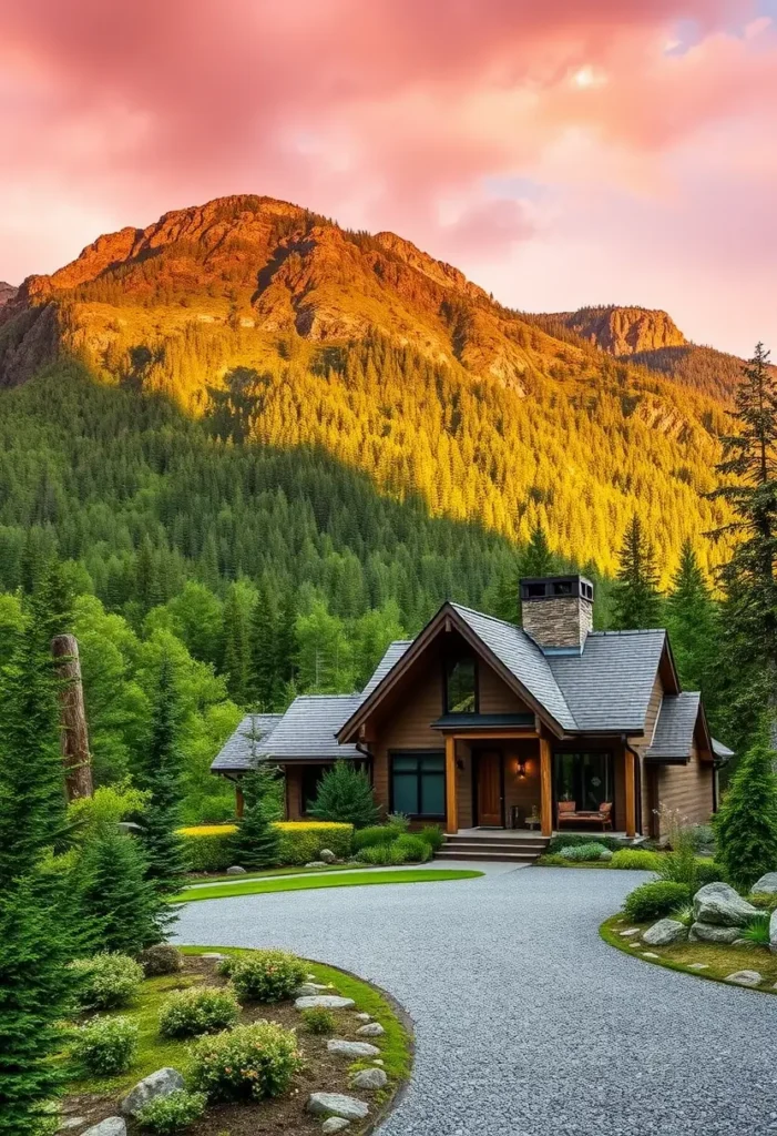 Rustic wooden countryside home with a mountain backdrop at sunset.