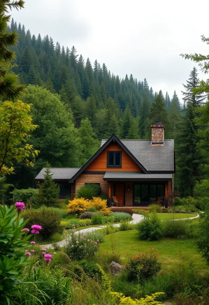 Charming wooden countryside home with vibrant landscaping and forest backdrop.