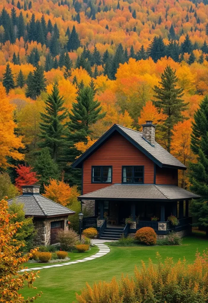 Red countryside home surrounded by colorful autumn trees and vibrant landscaping.