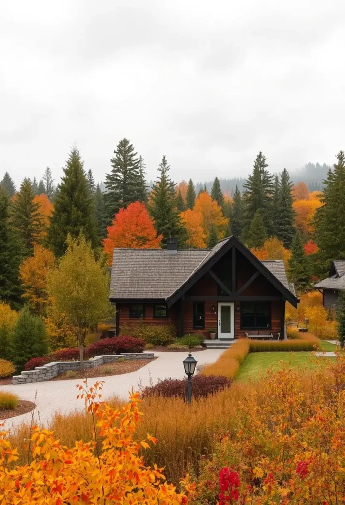 Rustic wooden cabin surrounded by colorful autumn trees and vibrant foliage.