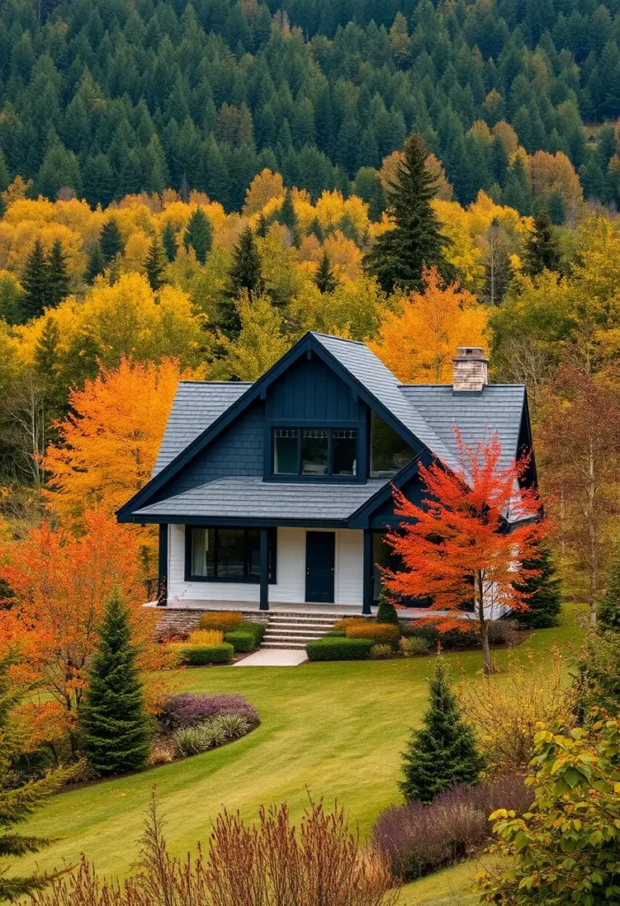 Navy countryside home with white accents surrounded by vibrant fall foliage.