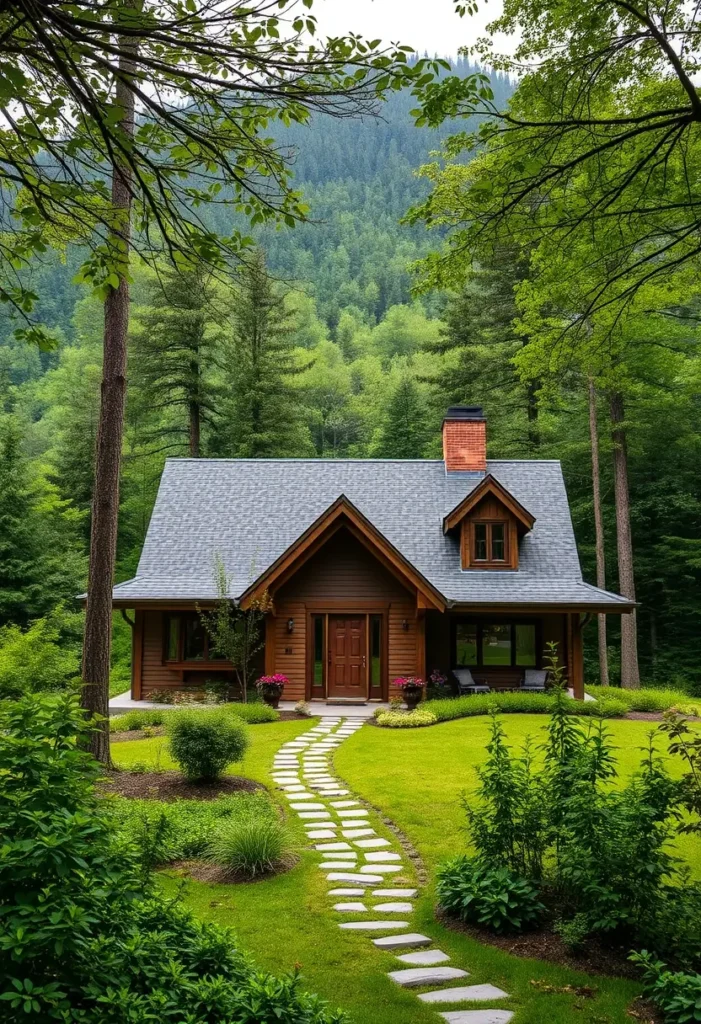 Wooden countryside cottage with a stone pathway and surrounded by lush forest greenery. Cozy Countryside Homes