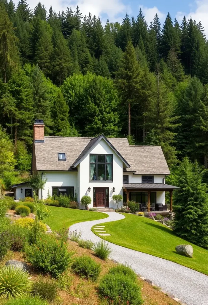 Modern countryside home with large gable window, lush lawn, and wooded backdrop.