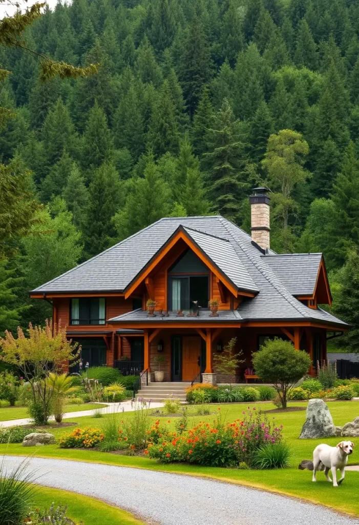 Rustic timber countryside home with a gable roof, lush garden, and stone chimney.