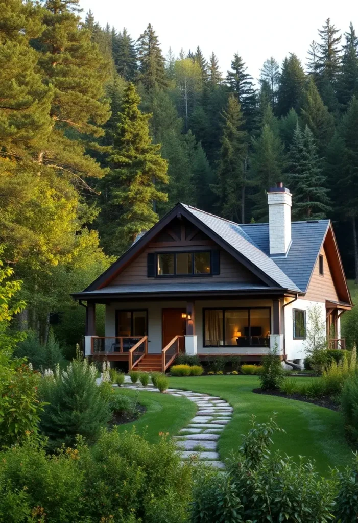 Charming countryside home with wooden accents, a gable roof, and a stone pathway surrounded by pines.