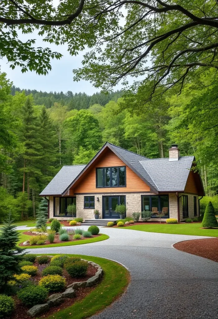 Modern countryside home with timber and stone facade, surrounded by lush greenery and a curved driveway.