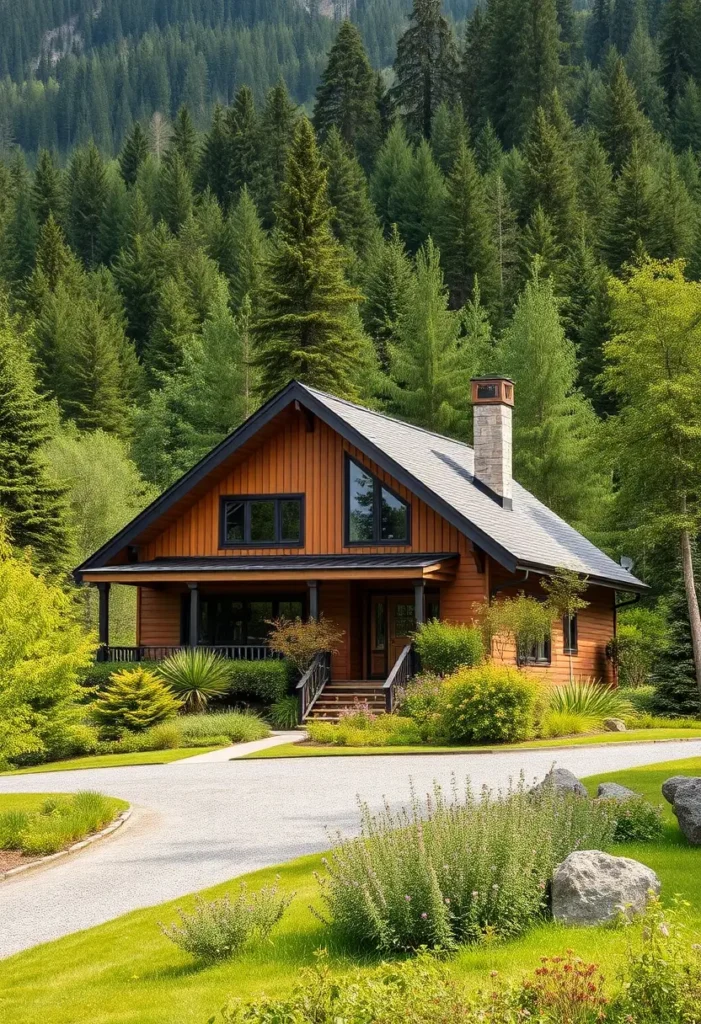 Rustic timber countryside home with a stone chimney and surrounded by lush forest.