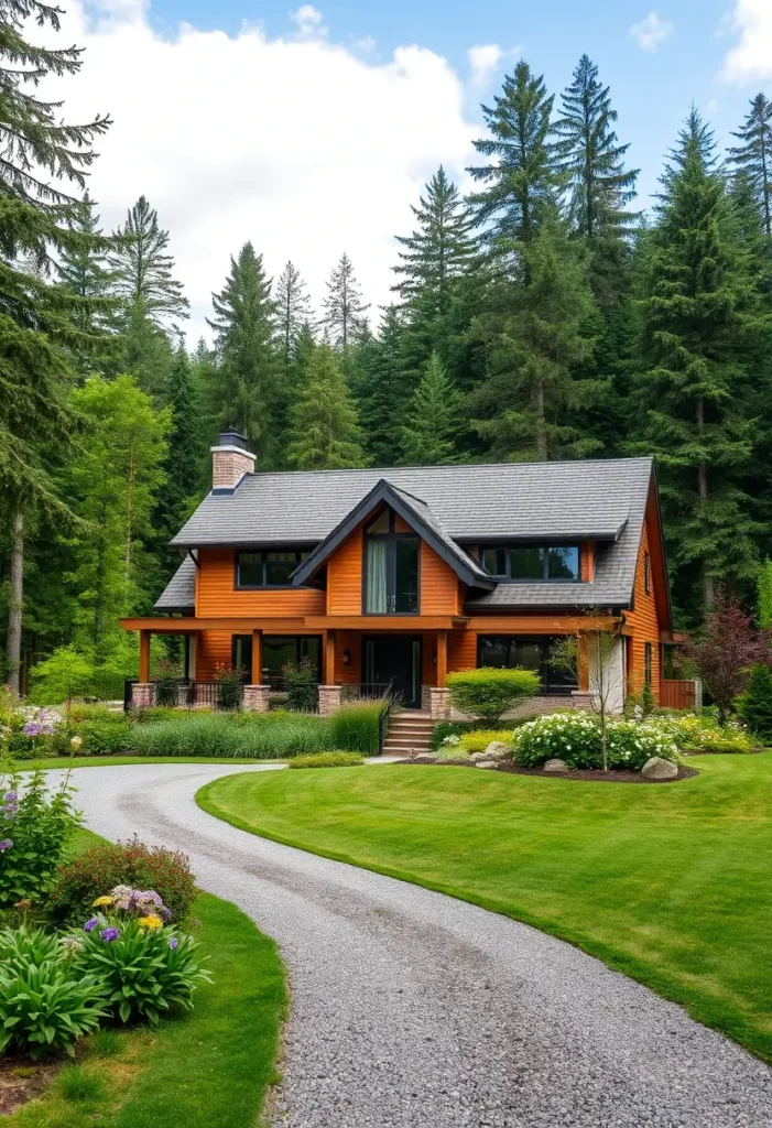 Elegant timber countryside home with a gravel driveway, lush garden, and forest backdrop.