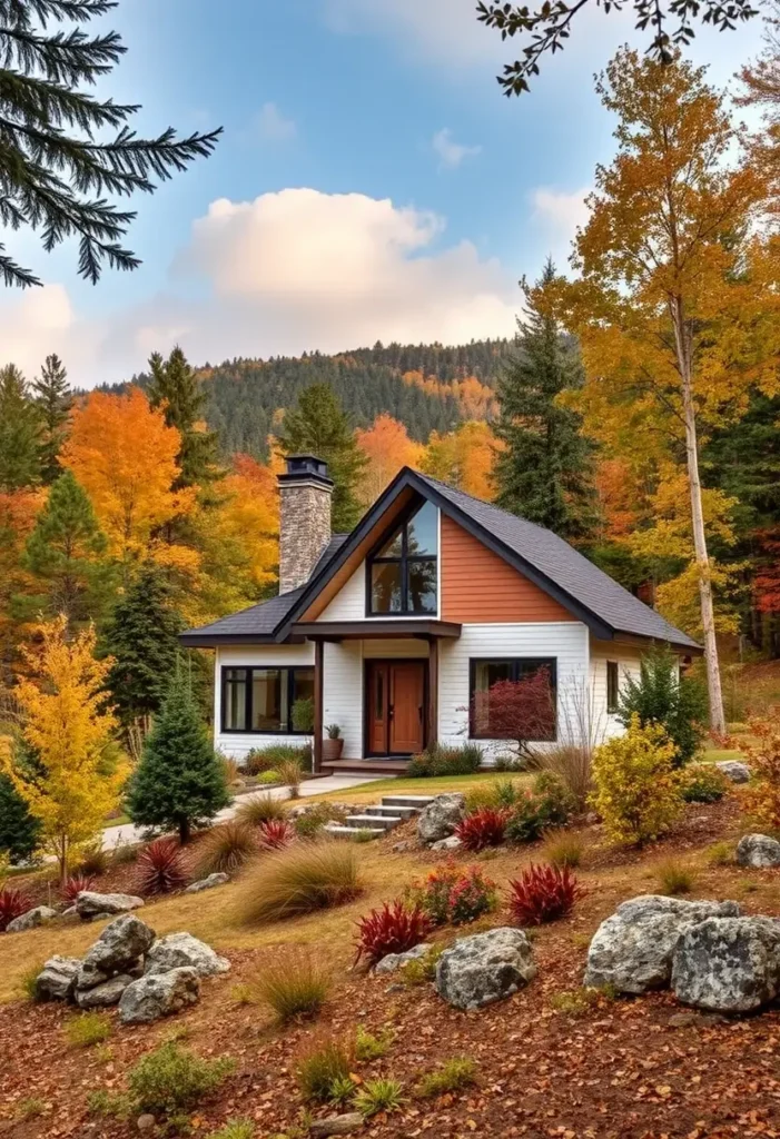 White countryside home with wood accents, a stone chimney, and vibrant autumn foliage.