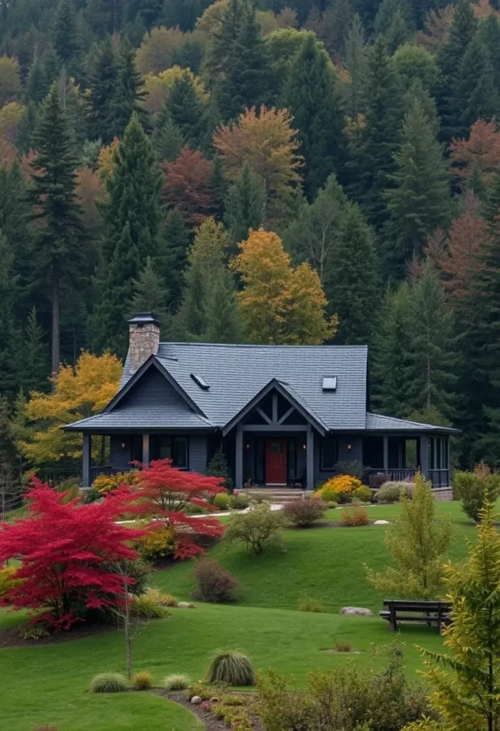 Charcoal-colored countryside cottage with a red door, vibrant landscaping, and autumn trees.