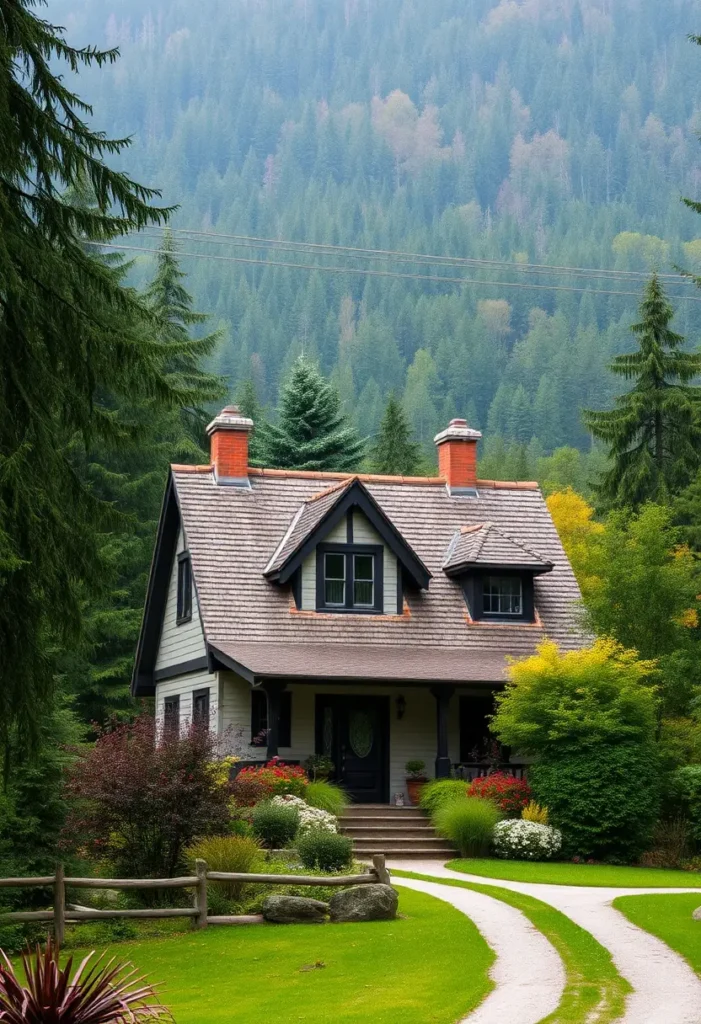 Gabled countryside cottage with double chimneys, surrounded by a lush garden and forest.