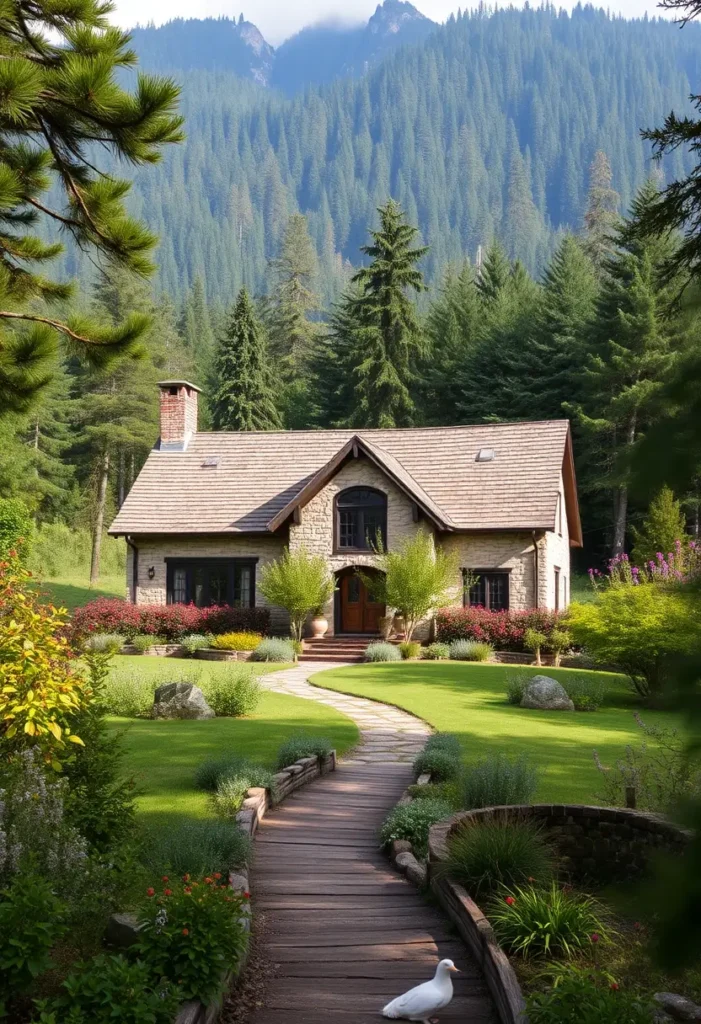 Rustic stone cottage with a wooden pathway, vibrant garden, and mountain forest backdrop.