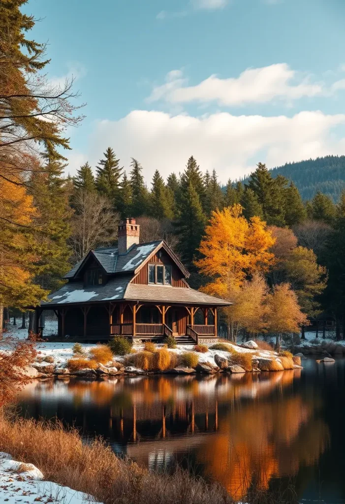 Lakeside cabin with autumn foliage, snowy ground, and tranquil water reflections.