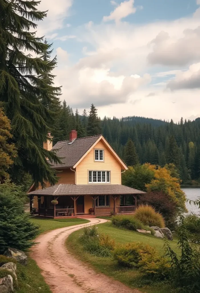 Yellow countryside home with a wraparound porch near a lake and surrounded by greenery.