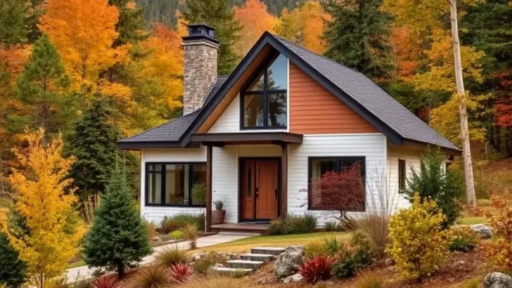 White countryside home with wood accents, a stone chimney, and vibrant autumn foliage. II