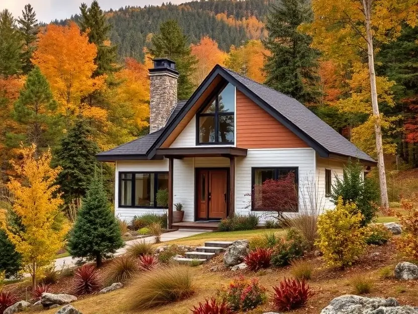 White countryside home with wood accents, a stone chimney, and vibrant autumn foliage. II