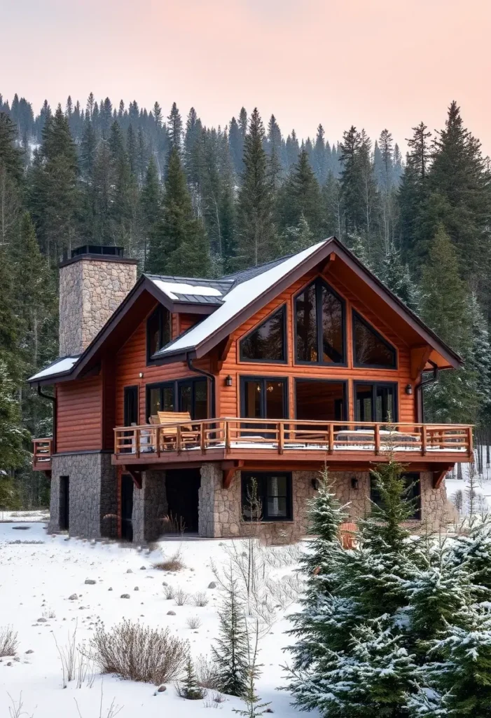 A cozy cedar cabin with large glass windows and stone accents surrounded by snow-covered trees in a forest.