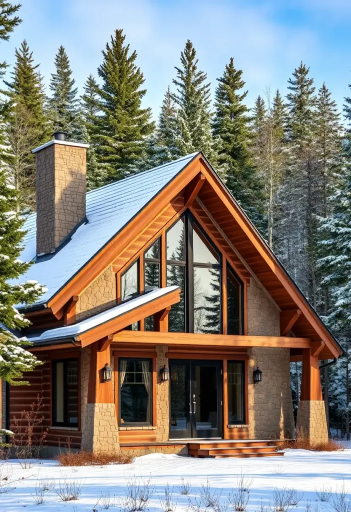 A cozy A-frame cabin with large glass windows, stone and wood exterior accents, surrounded by snow-covered trees.