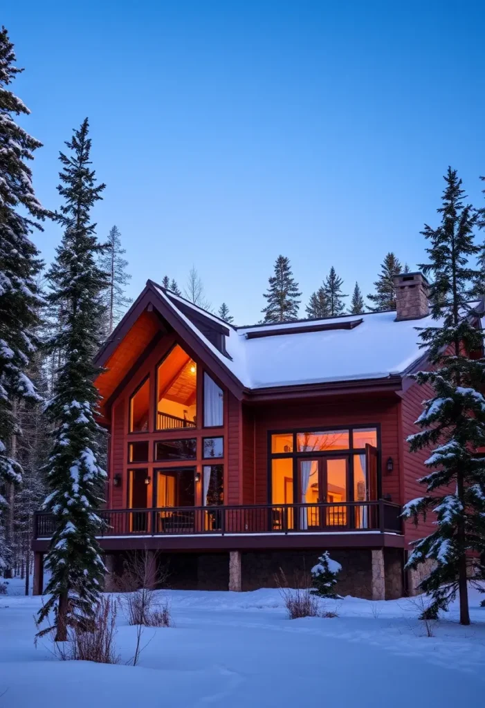 A cozy red cabin with large glowing windows, surrounded by snow-covered trees under a twilight sky.