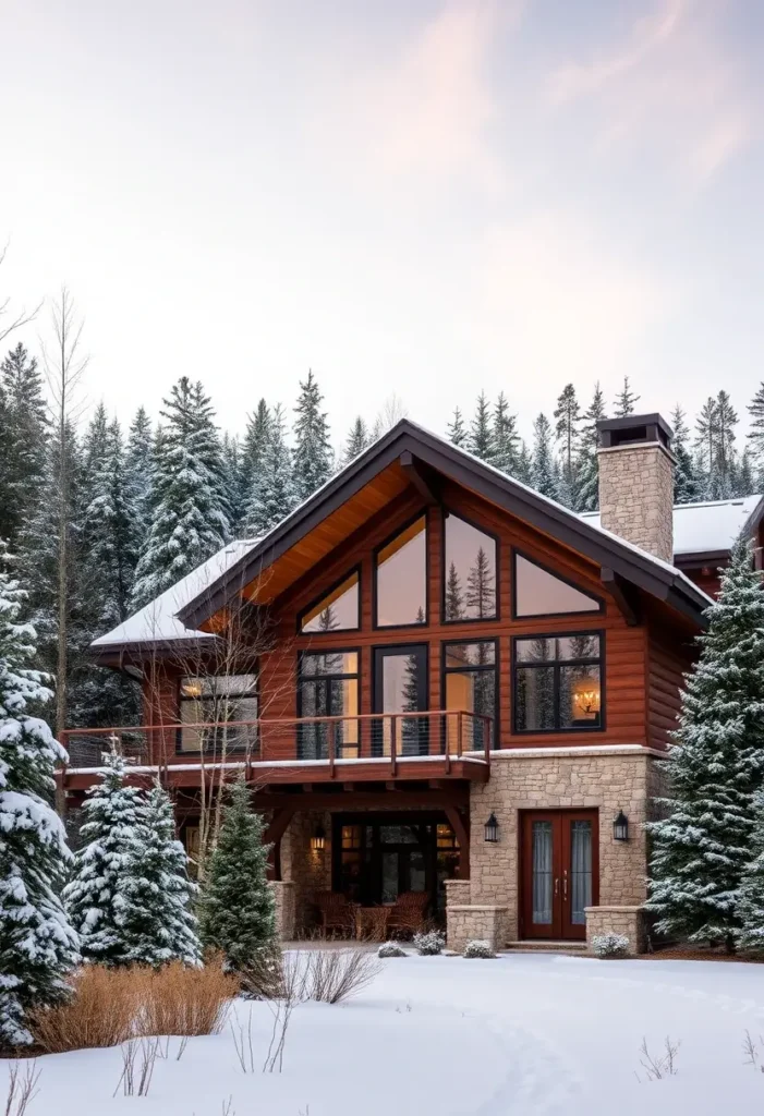 A chalet-style cabin with large windows, wood siding, and stone accents, surrounded by snow-covered trees in a forest.