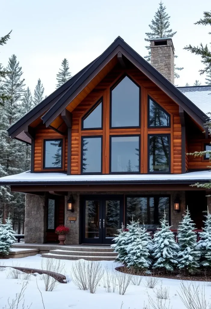 Winter cabin with an A-frame design, stone and wood exterior, double doors, and snow-covered evergreens at the entrance.