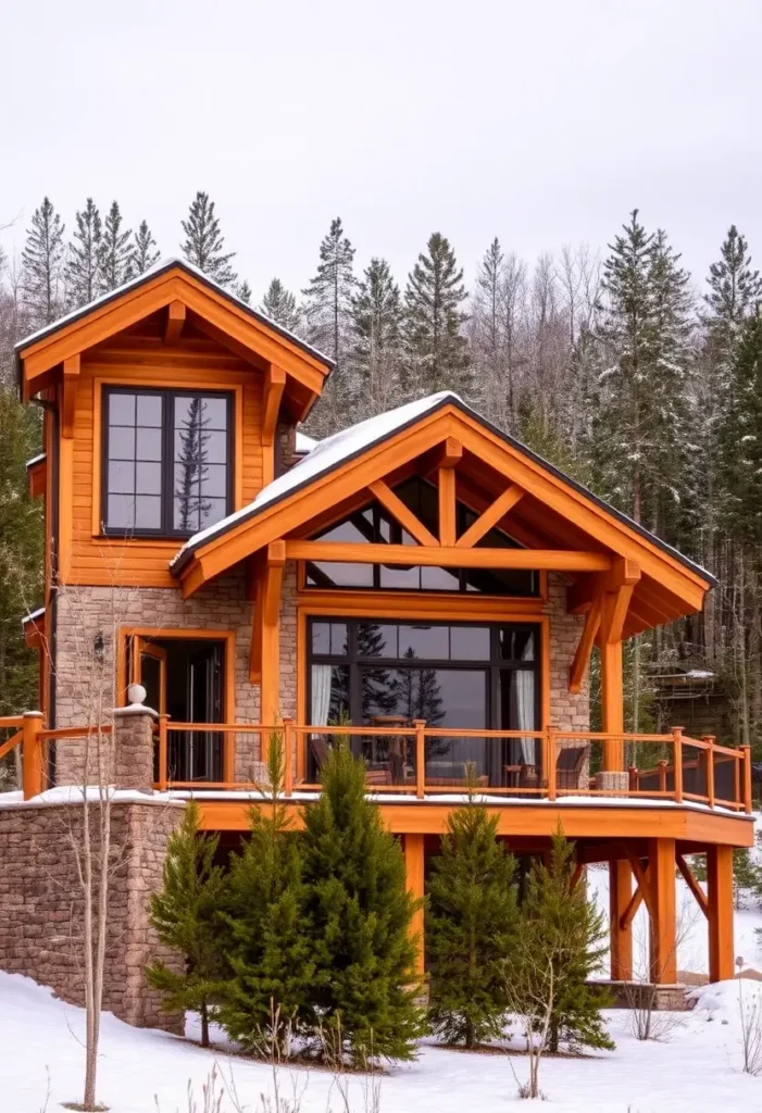 A vibrant two-story timber cabin with stone accents, large windows, and a balcony surrounded by snowy trees.