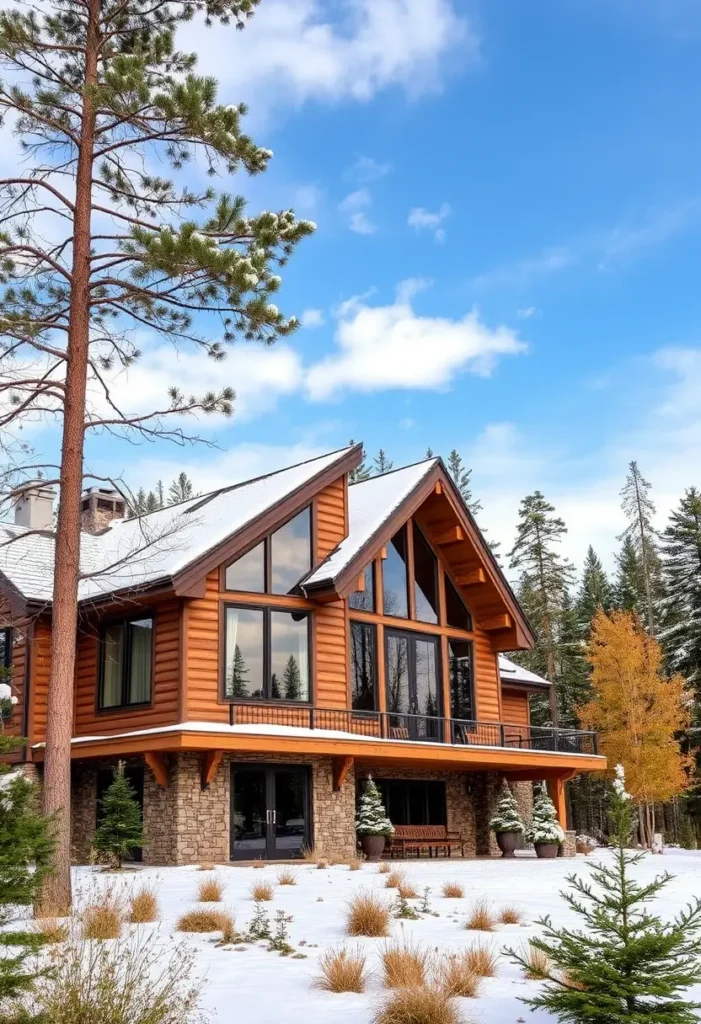 A rustic cabin with large glass windows, wood siding, stone accents, and a snowy landscape under a bright blue sky.