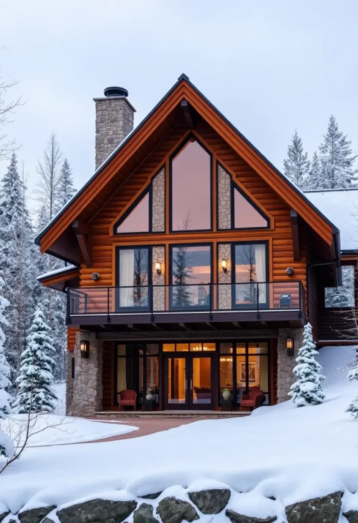 A winter cabin with grand floor-to-ceiling windows, stone accents, and a glowing interior, surrounded by snow and trees.