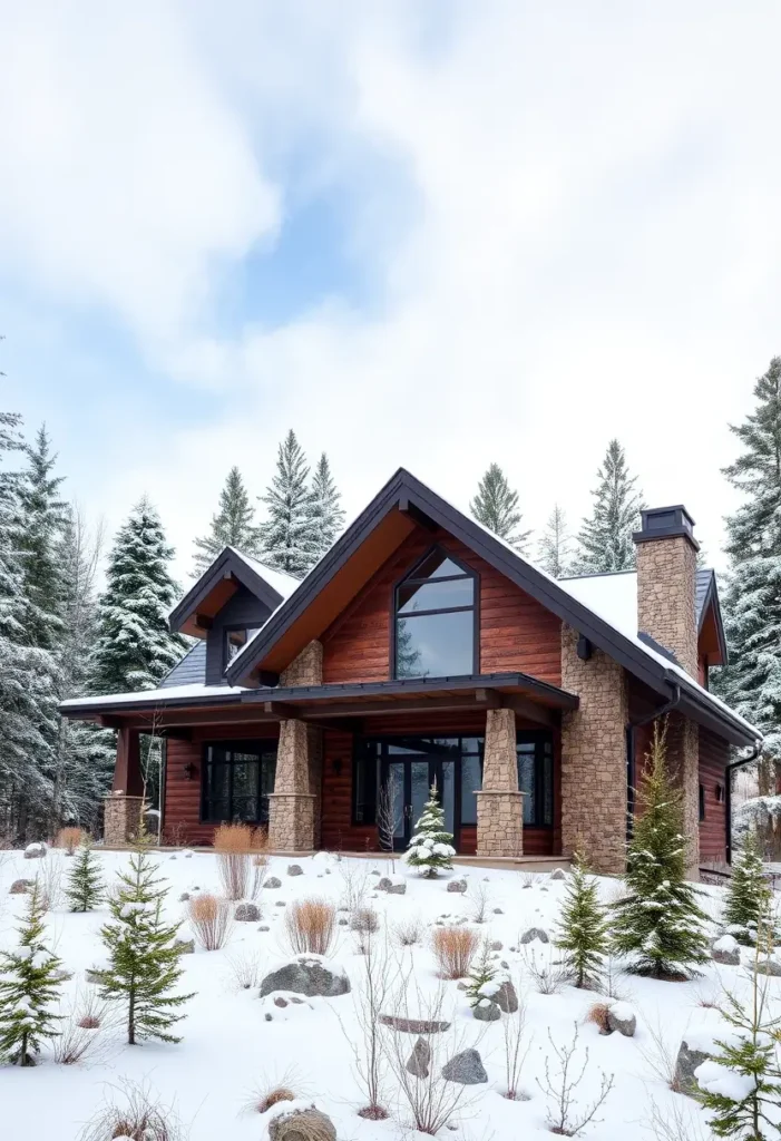 A rustic lodge-style cabin with wood siding, stone columns, and a snowy landscape surrounded by trees.