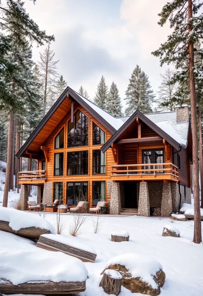 A grand log cabin with large glass windows, a stone foundation, and snowy surroundings in a forest.