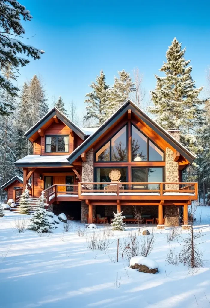 A sunlit log cabin with large glass windows, an elevated deck, and rustic stone accents surrounded by snow and trees.