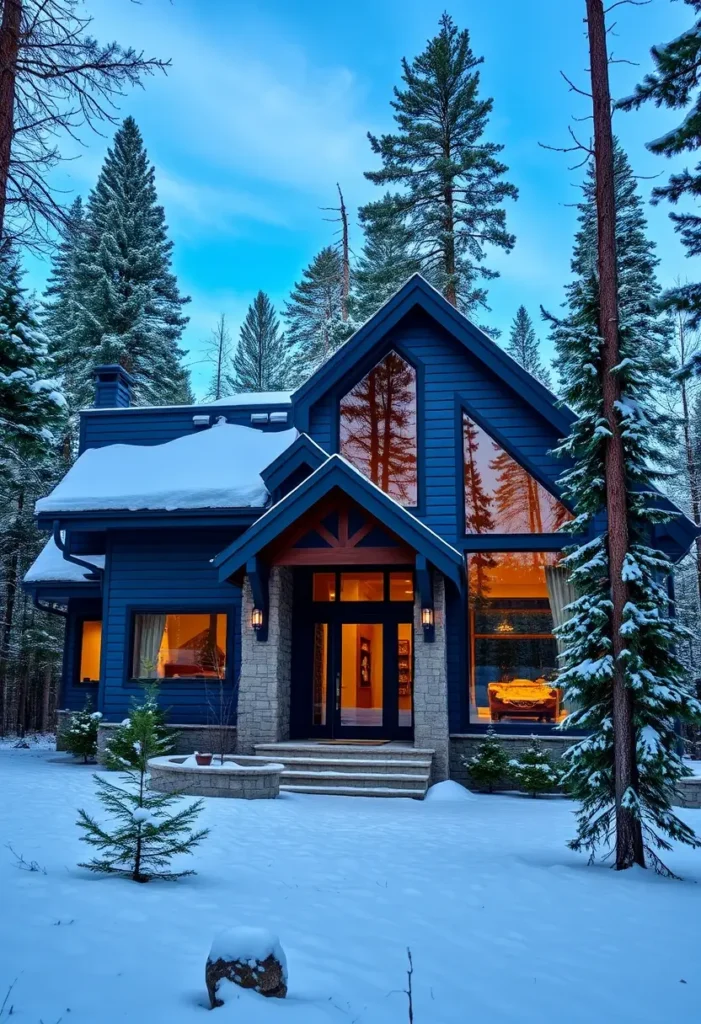 A modern blue cabin with large windows, glowing interior lights, and stone accents, surrounded by snow and trees.