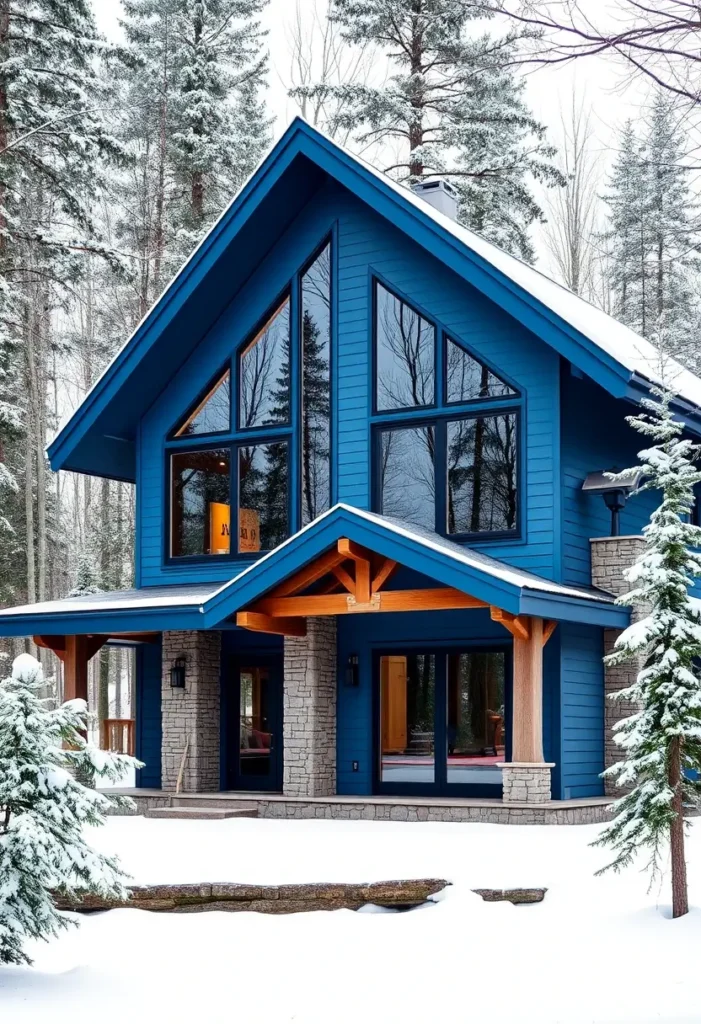 A vibrant blue cabin with wooden accents, stone foundation, and large windows surrounded by snow-covered trees.