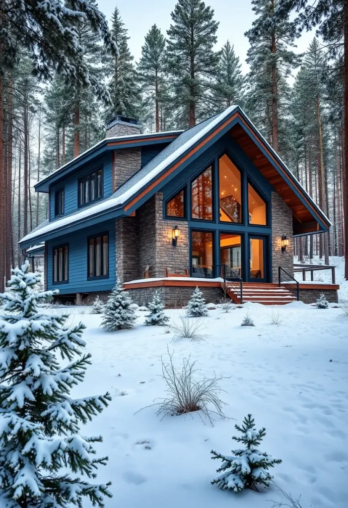 A charming blue cabin with stone accents, large windows, and warm lighting surrounded by snowy pine trees.