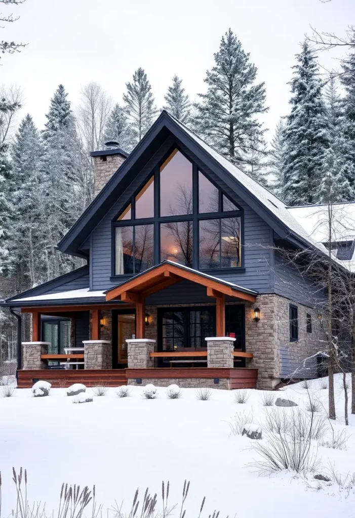 A modern gray cabin with large windows, stone pillars, and a wooden porch surrounded by snow and forest trees.