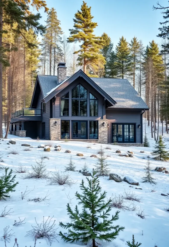 A spacious gray cabin with large windows, stone accents, and an expansive deck surrounded by a snowy forest.