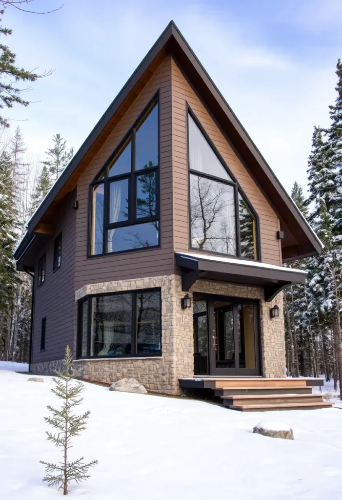 A contemporary A-frame cabin with wood siding, stone base, and large windows in a snowy forest setting.