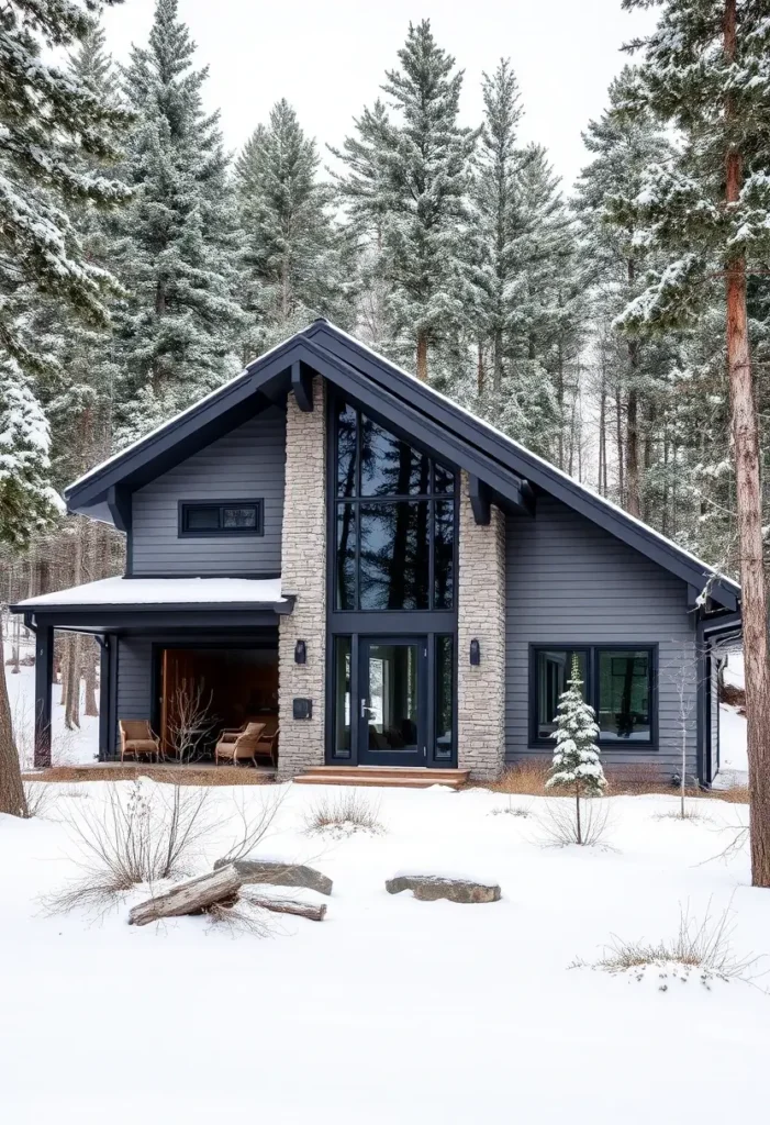 A minimalist gray cabin with a stone facade, large windows, and a covered patio surrounded by snow and trees.