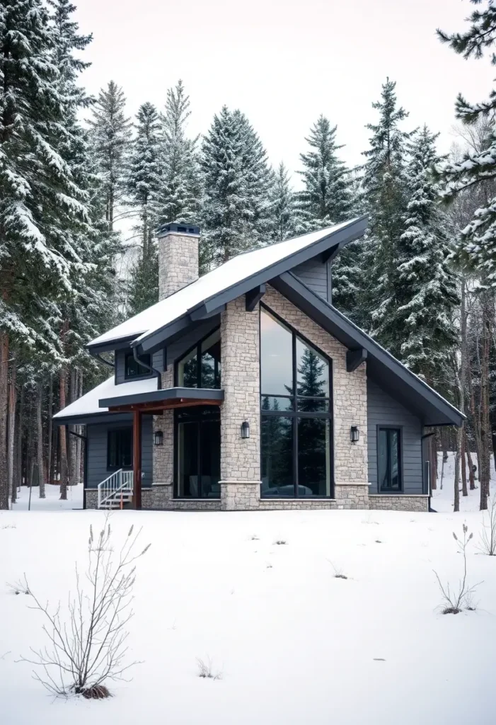 A modern winter cabin with a stone facade, large glass windows, and a sloped roof surrounded by snow-covered trees.