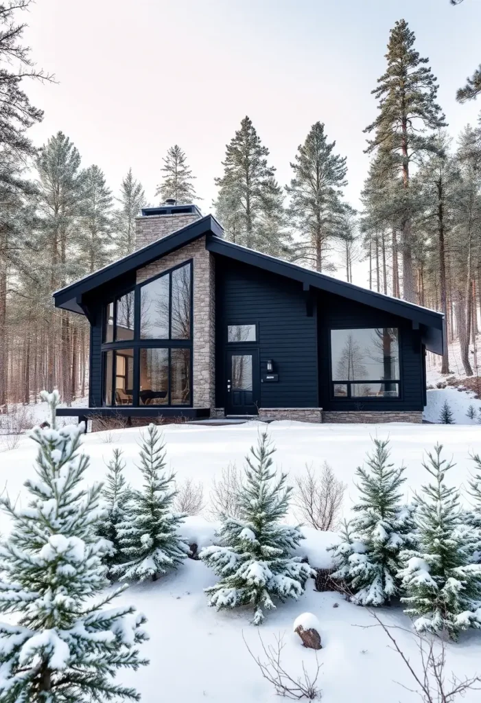 A modern black cabin with stone features, large windows, and snowy evergreens in a tranquil forest.