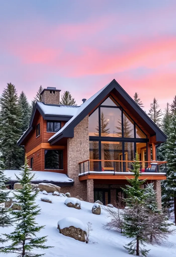 A rustic winter cabin with wood siding, a stone facade, and large windows under a pink sunset sky, surrounded by snow and trees.