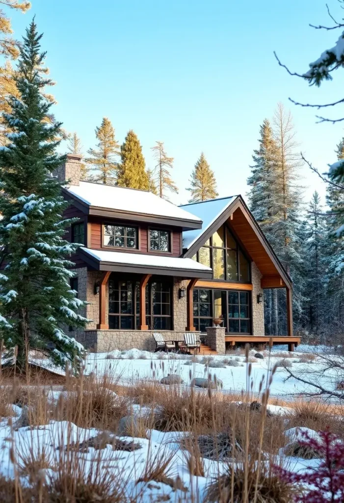  A rustic lodge-style cabin with wood and stone accents, large windows, and a covered patio surrounded by snow and trees.